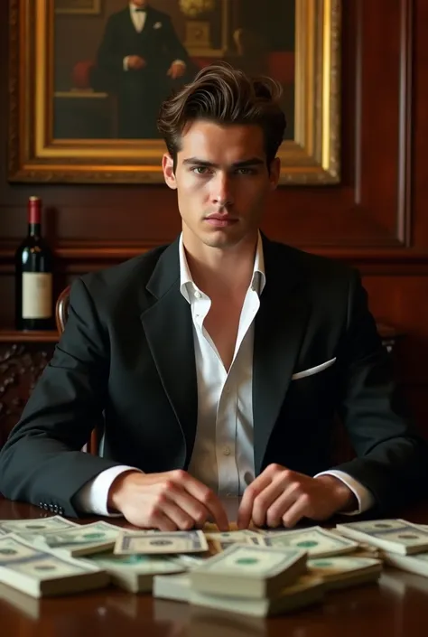 A 20-year-old Italian young man with fair skin, natural brown hair, and refined features sits at a luxurious dark wooden table surrounded by neatly stacked piles of dollars. He’s dressed in a flawless black suit with an unbuttoned white shirt, exuding an a...