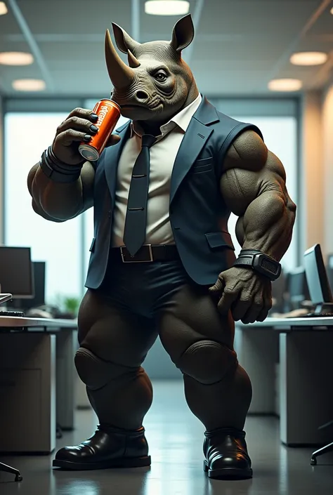 Advertising for energy drink with the image of a muscular human rhinoceros in the office drinking an energy drink 
