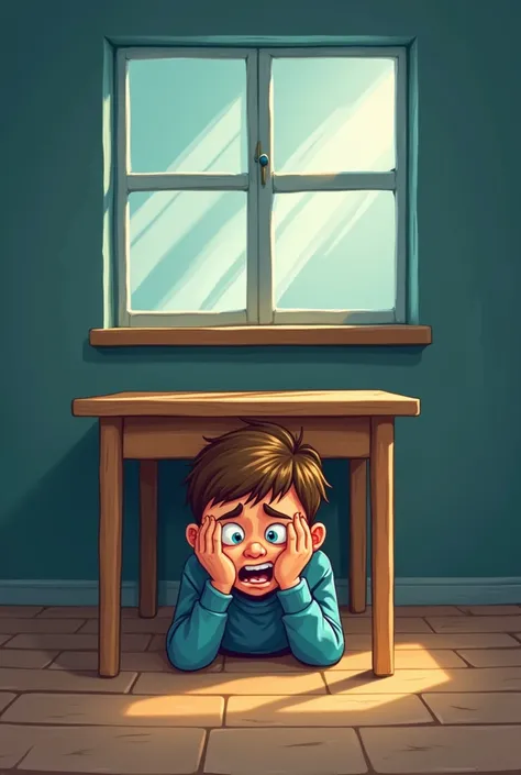 a cartoon boy scared under a table covering his head the table is away from window with no window 