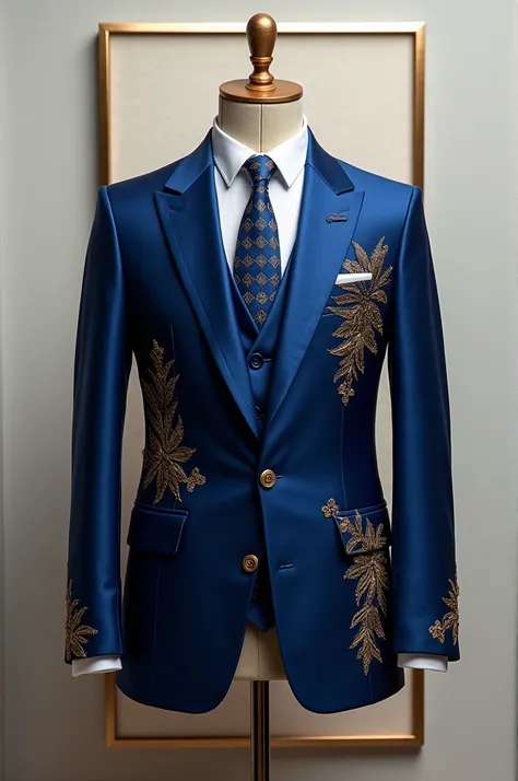 Image of a blue suit with gold michi in a square as an invitation 