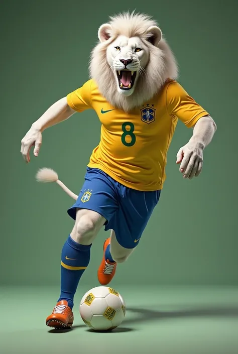  Photorealistic portrait of dressed animals:   white lion as a soccer player ,(  dynamic action pose, Kicking the goal ),  high quality,(charming) , intricate details,  very detailed (( uniform of the Brazilian national team  ) , very detailed, (happy),  S...