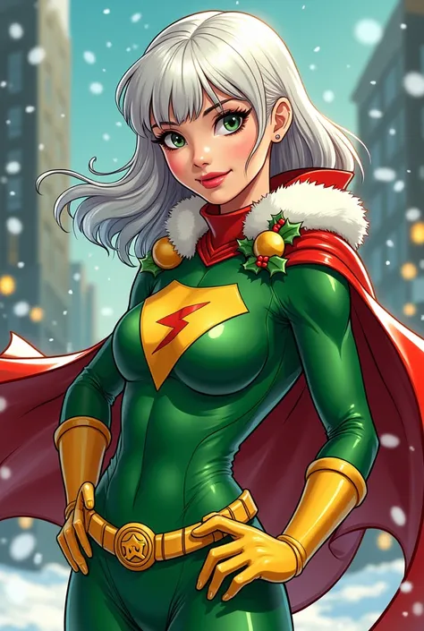 White girl with black hair and white bangs. In green/yellow superhero costume. Comic style christmas edition