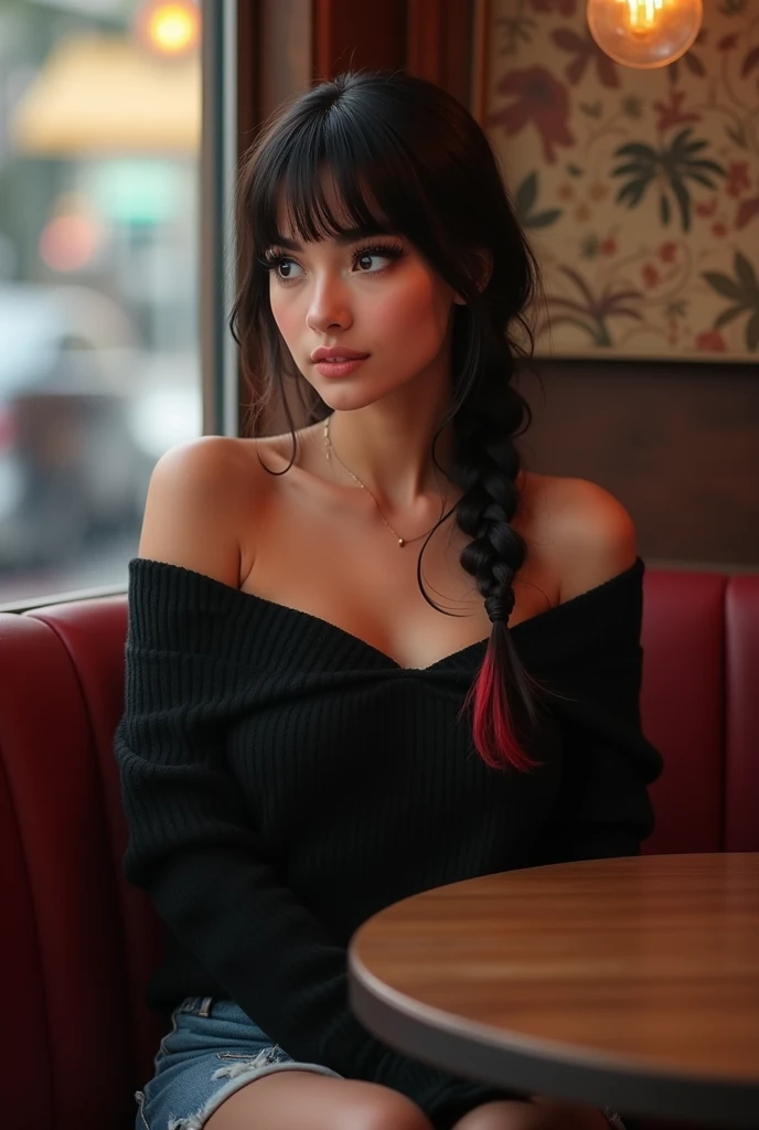 photorealism, gorgeous young Israeli woman sitting femininely in cozy cafe, looking away, perfect face, thick_eyeliner, straight black hair with bangs and red highlights, hair in one braid over shoulder, black eyes, large bust, flirty expression, large bus...