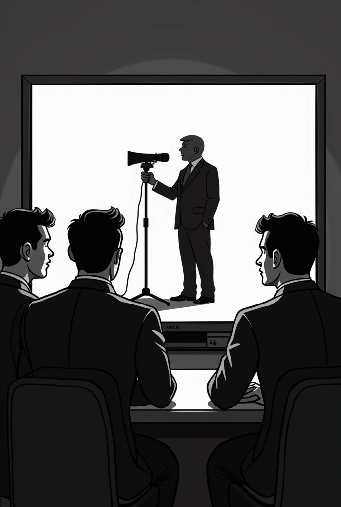  creates a cartoon image ,  in black and white , Where you see several journalists watching television ,  there is a small group of journalists that is separated from the big group ,  on television you can see the silhouette of someone who is speaking thro...