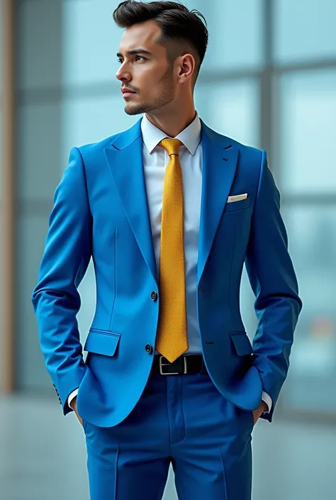 Image of an electric blue suit with a gold tie as an invitation only the upper part animated man in grid form 