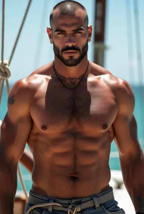 tanned by the sun sailor, sailboat, ropes, rudder, short hair, bald, haircute, hairy black chest, half hard body, ruggedly handsome, muscular, half body, masculine, mature, Retrato de un joven, Muscular very handsome and attractive  nude arabic men, sharpl...