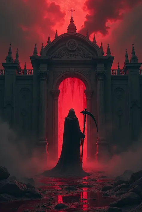 A dark background with red clouds with black smoke on the ground and a gate with symbols of death and a mysterious sinuette with a sickle facing the gate and rain of blood and blood flowing through the gate and the floor.