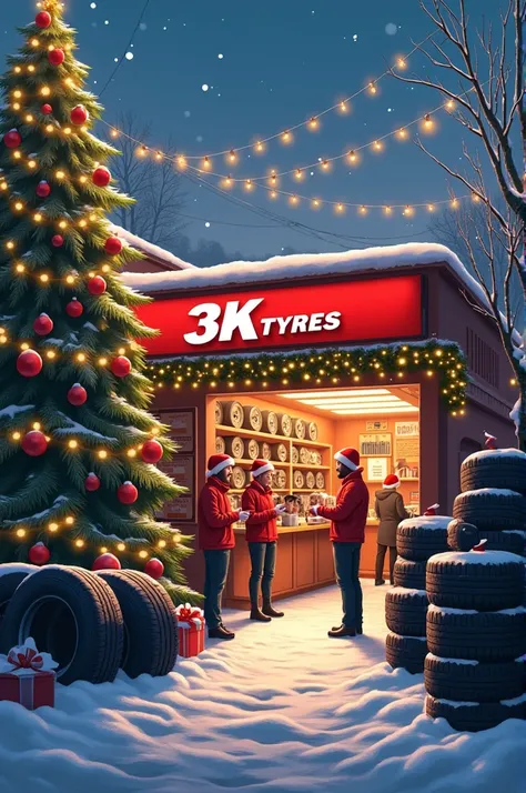 A tyre shop picture 
Shop named 3K TYRES 
A Christmas celebration 