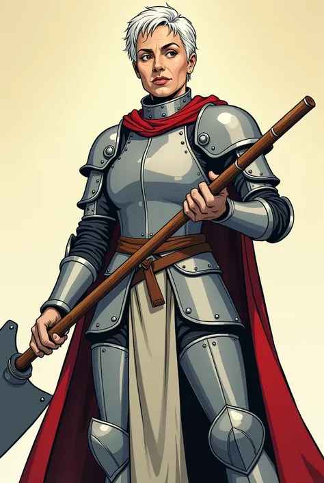 Create a mature female cleric with short white hair in the style of classic comic books. She appears to be in her mid-30s, with a wise and experienced expression. She wears stylized light armor, fitting the comic book aesthetic, and holds a simple iron mac...