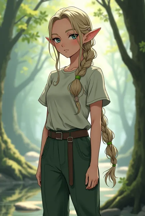 Elf adult anime woman standing, shes wearing pants and a shirt. She has a very long braid 