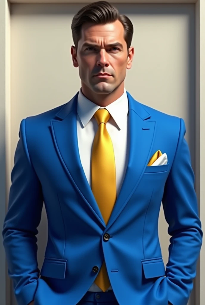 Image of an electric blue suit with gold tie as an invitation only the upper part animated man in square shape 