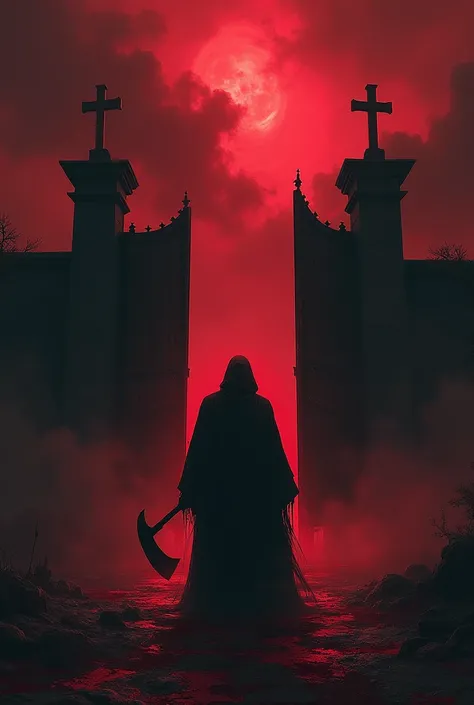 A dark background with red clouds with black smoke on the ground and a black gate with blood flowing down the walls and a mysterious sinuette with a sickle in front of the gate and rain of blood and blood flowing through the gate and the floor.