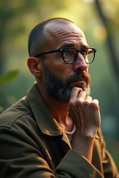 Create a 35-year-old person, Brown skin, shaved head, medium beard, wearing square-framed glasses 