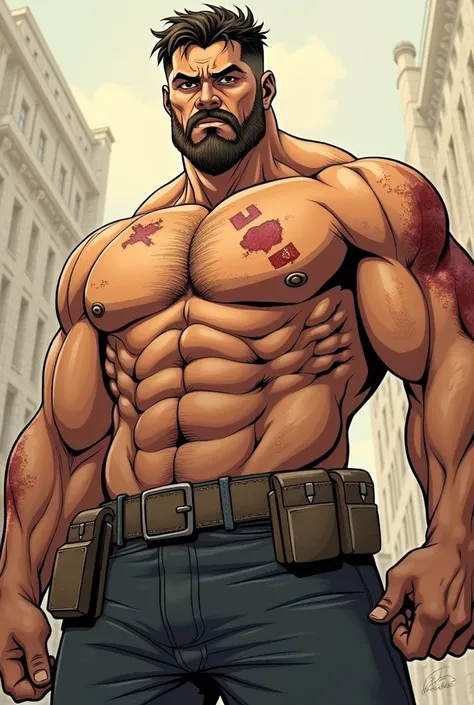 Chunky mans torso ,  tanned skin,  x-shaped scar on the chest ,  a large scar on the left side of the abdomen, Sun mark on the back ,  anime style One piece . 