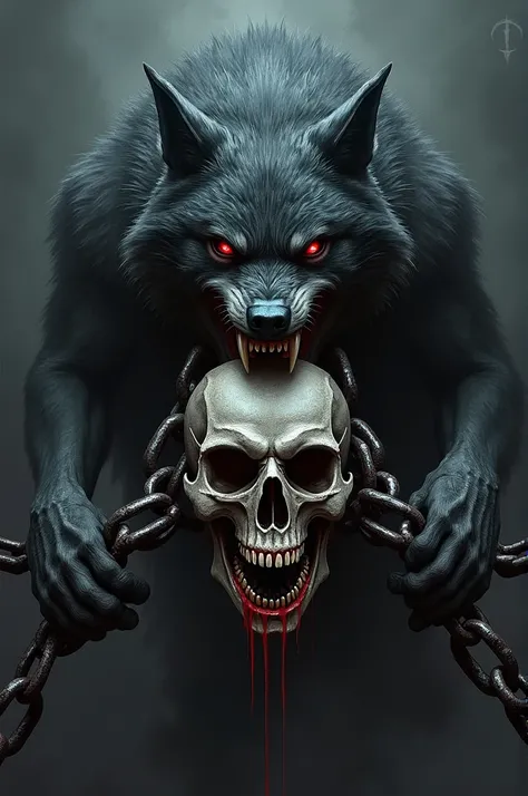 Demonic wolf ,  skull logo biting chains 