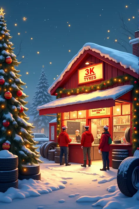 A tyre shop picture 
Shop named 3K TYRES 
A Christmas celebration 