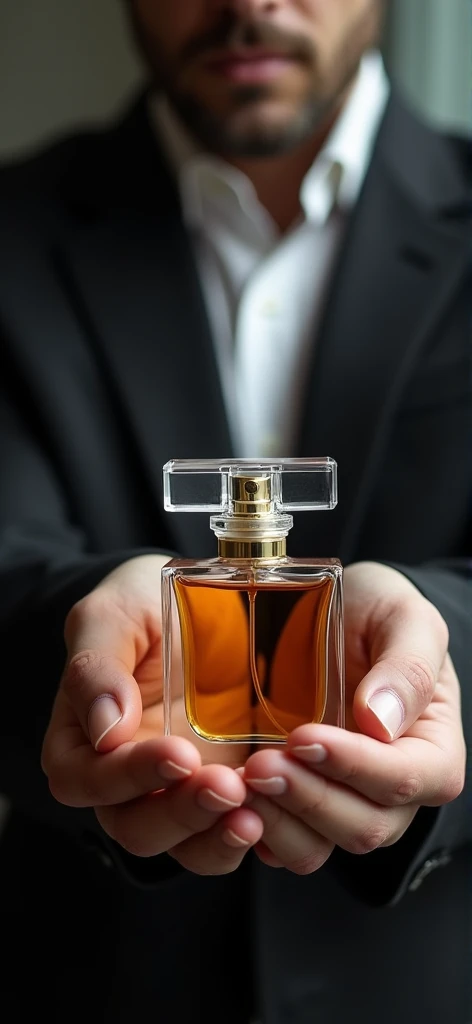 A man holding a rectangular perfume with a transparent cap without logo