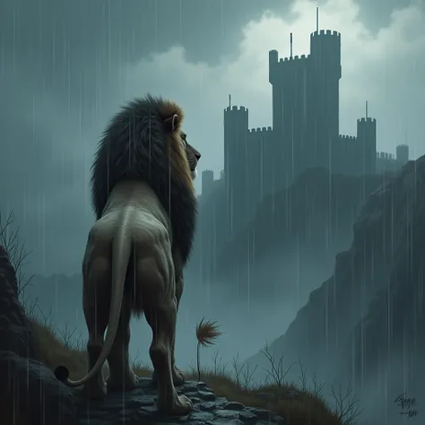 Make a lion with its back ,  looking at a fortress,  leave the lion far away , And the weather is rainy .