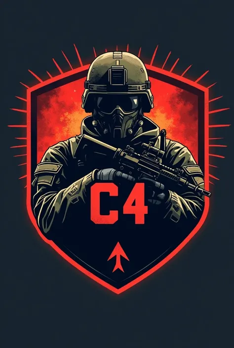 Create a logo.  The logo must be military-themed and related to the Squad game.  game. The logo must have a clan name in the center of the logo - C4 . The logo must have an army fighter .  The background should also have a Rally point from the Squad  