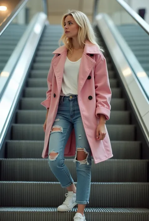 An 18-year-old girl ,  blond hair , medium hair,  White skin color,  high quality ,  high resolution ,  hair budget , smallest details, maximum realism, em um shopping,  One leg bent and the other on the tip of the feet, pose for a photo, Escalator, em uma...