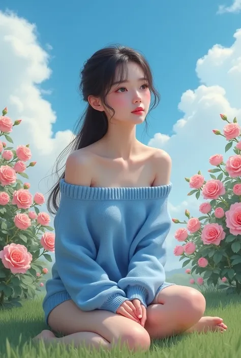 ((best quality)), ((masterpiece)), (detailed), super real, 1girl, blueberry off-shoulder sweater, bare legs, Pretty Asian girls, white fair skin, She is sitting on the fields blue sky Rose with bikini
