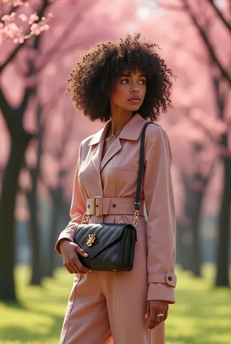 A girl with curls on her head and short hair and wearing Louis Vuitton brand clothes and a Louis Vuitton wallet and who is in a park with pink leaf trees