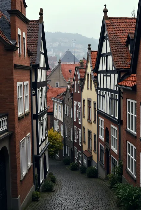 You look diagonally at the terraced house facades in Duisburg