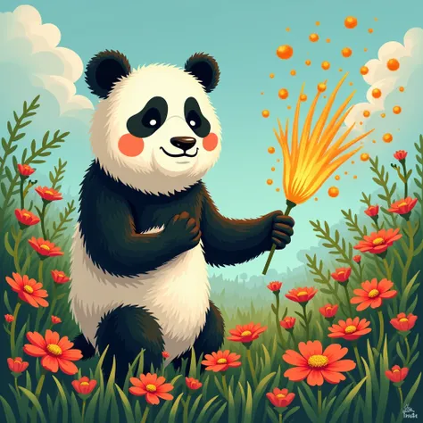 I would like a colorful image of a panda in a field with flowers and plants. The panda has a magical power and can blow plants to death with its breath, this magic power must be clear in the image. The text HZN and TriestePlant must also be included in the...