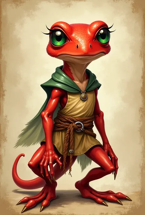 red Grung from D&D, from Dungeons & Dragons, female humanoid frog, skinny, red skin, green eyes. dressed in normal medieval clothes, glass frog - look, anime style, hand drawn style, D&D style, on beige vintage background