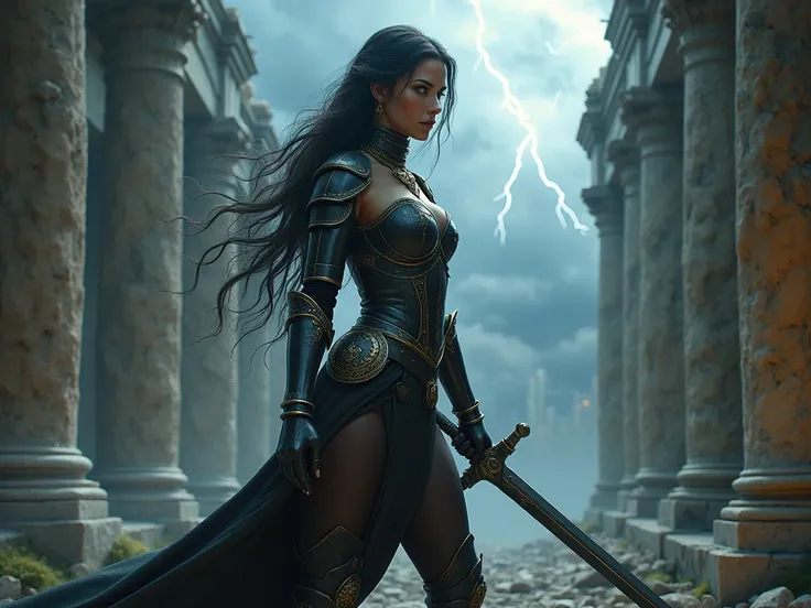 Beautiful European with really dark pantyhose on her long legs,  looking like wonder woman in her armor and boots, wearing a sword and golden necklace, fighting a battle inside ancient temple ruins during a thunderstorm