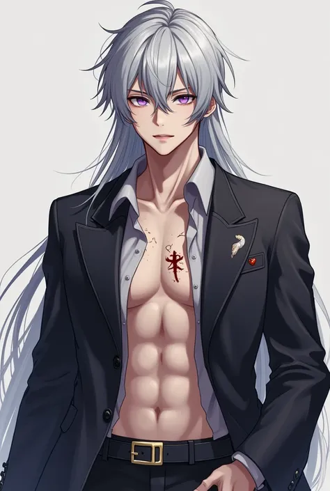   Create a male character with 1  ,83 meters,   with a light purple left eye and a black right eye,  long silver hair ,   and with a defined body   .    Has some scars on the back   ,    some on the abdomen and one on the right eye   