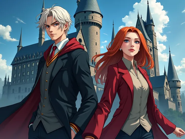 Draco Malfoy and Ginny Weasley, in Anime style, against the background of Hogwarts