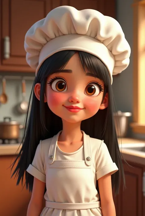 Pixar-style poster ,  girl straight dark hair up to the shoulders, red lips dressed as a cook 