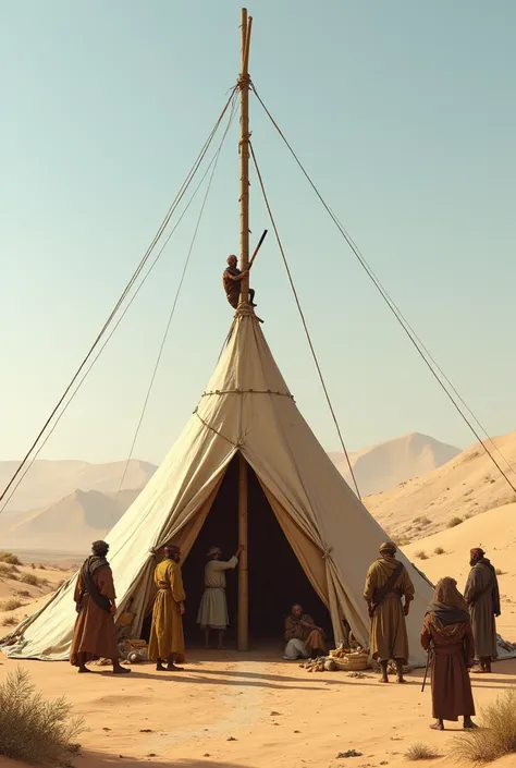 Desert people building their nomadic tent with the highest stake in the middle 
Photo 