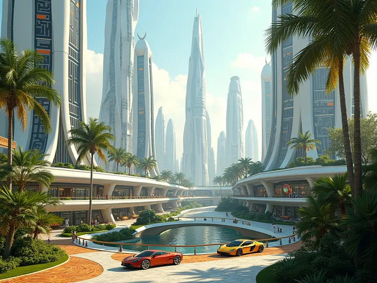 Draw me an ultramodern city , futuristic,  aerodynamic element integrating into the design , African cultural elements ,  presenting ultramodern infrastructure,  in a tropical and mild weather 