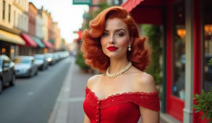 A stunning red-haired woman with voluminous retro curls, standing confidently in an outdoor urban setting during daytime. She wears an elegant, form-fitting red off-the-shoulder dress with intricate lace trim, highlighting her figure. Her makeup is glamoro...