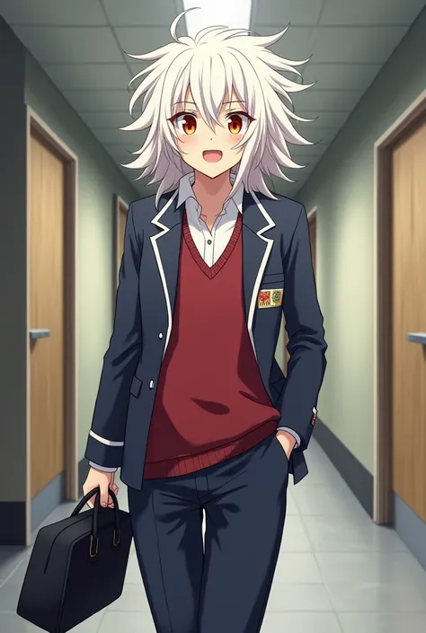 Anime style MY ACADEMIC HERO background corridors is wearing school clothes U . A from the anime MY ACADEMIC HOERO long white hair messy eyes one red and the other yellow expression open mouth looking at Asia down he carries a black bag in his hand 