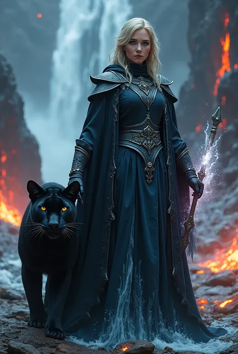 (best quality:1.4), (extreme res:1.4), (full body shot:1.4), human female wizard, with medium blonde hair, perfect face and eyes, [blue pupils], ice effect magic (gloves:1.4), (lava river as background:1.25), (with black panther familiar:1.2), wearing (bla...