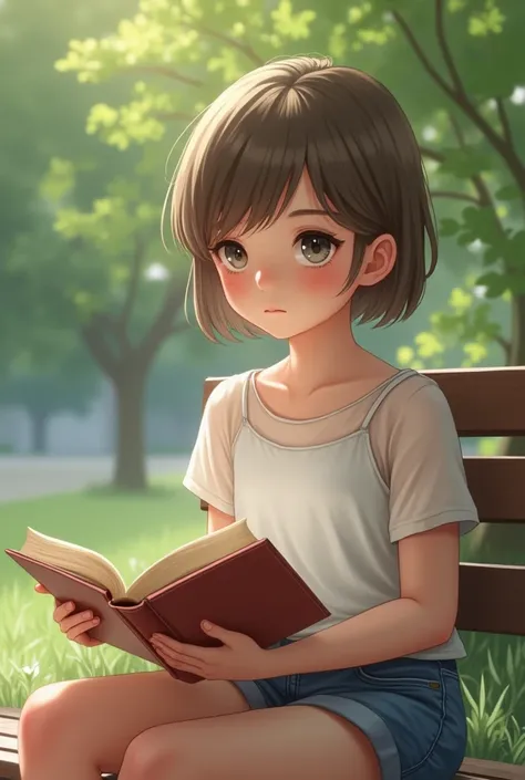 sweet girl, top*THE, Age twelve years, cute appearance , , a gentle young beautiful face ,  subtle regular facial features ,  light brown hair ,  Short hair ,  grey eyes ,  sits on a park bench reading a book .  Dressed in shorts and a transparent shirt wi...