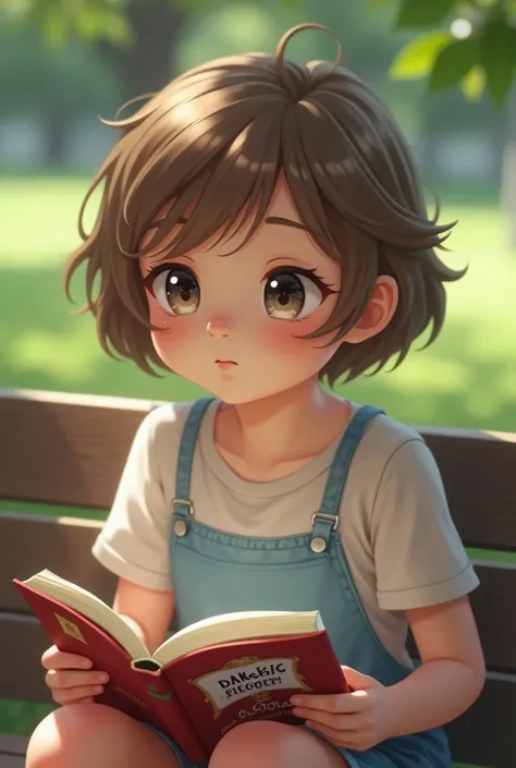 sweet girl, toples, Age twelve years, cute appearance , , a gentle young beautiful face ,  subtle regular facial features ,  light brown hair ,  Short hair ,  grey eyes ,  sits on a park bench reading a book .  Dressed in shorts and a transparent shirt wit...