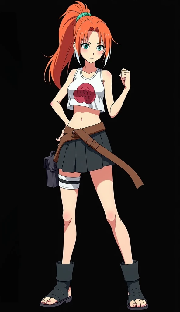 Female character created by Mikio Ikemoto and floats with the animation from the studio Pierrot, a young girl with a slender and beautiful appearance, full body, fire-colored orange hair and very smooth with two white locks highlighted on the front, simila...