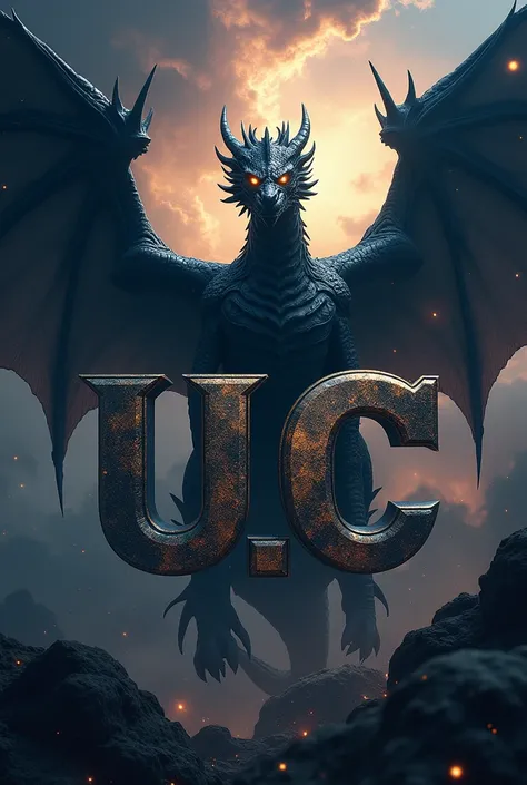  Space image with the initials u.c.And with a black dragon behind 