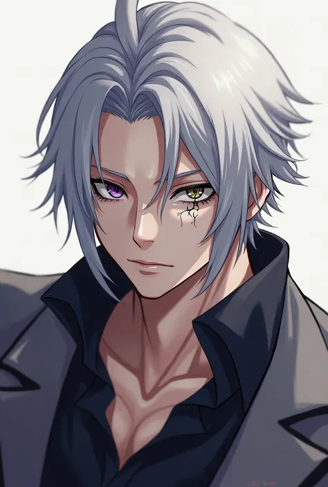   Create a male character with 1  ,83 meters,   with a light purple left eye and a black right eye,  shoulder-length silver hair ,   and with a defined body   .    has a scar on the right eye   