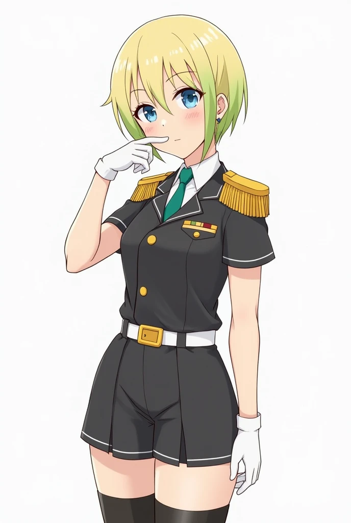 Make me this. Tenka Izumo from mato sheisei no slave Tenka Izumo,blonde hair,short hair,blue eyes, 1girl, solo,earrings, breasts, green hair, gloves, shorts, epaulettes, belt, black shorts, white gloves, uniform, short shorts, thigh boots,was puffing out h...