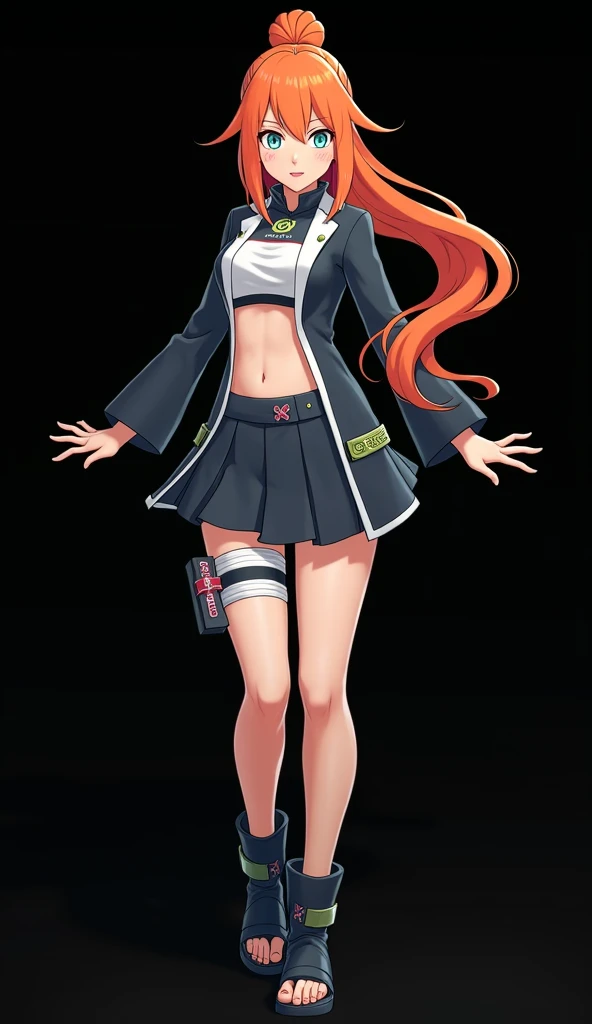 Female character created by Mikio Ikemoto and floats with the animation from the studio Pierrot, a young girl with a slender and beautiful appearance, full body, fire-colored orange hair and very smooth with two white locks highlighted on the front, simila...