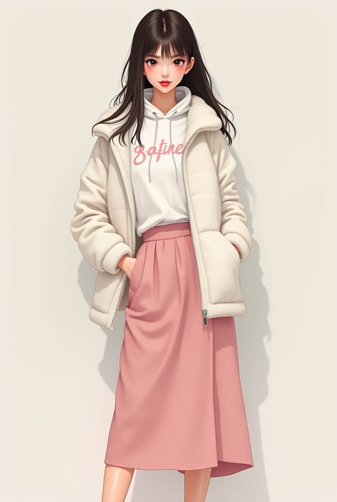 A girl model wearing white hoodie with some pink letters, baby pink tight maxi skirt, fluffy winter white short jacket and red lipstick, straght hair, full body image