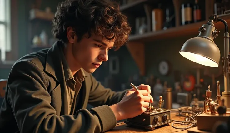 Teenage Alexander Graham Bell experimenting with sound devices in his room: A close-up half-body shot of teenage Bell, around 16, tinkering with a homemade device. He has a focused expression, and the background shows a cluttered room filled with various t...