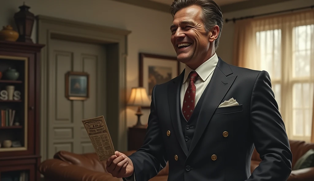 a well dressed man,  holding a lottery ticket with an arrogant smile. Behind him, a modest room with simple furniture .  His expression conveys superiority ,  as if he had just won the world .