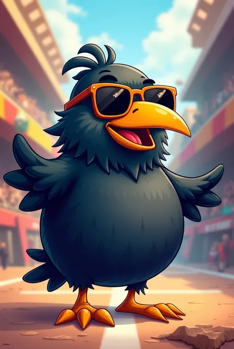 Create a happy ,  to be a mascot that wears sunglasses,  bottomless crow in cartoon style 