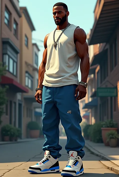 Create an image of CJ from GTA SA using Jordan3 white and blue